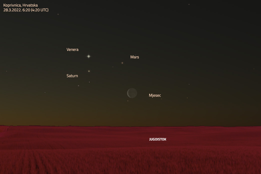 Venera, Saturn, Mjesec i Mars na jutarnjem nebu 28. ožujka