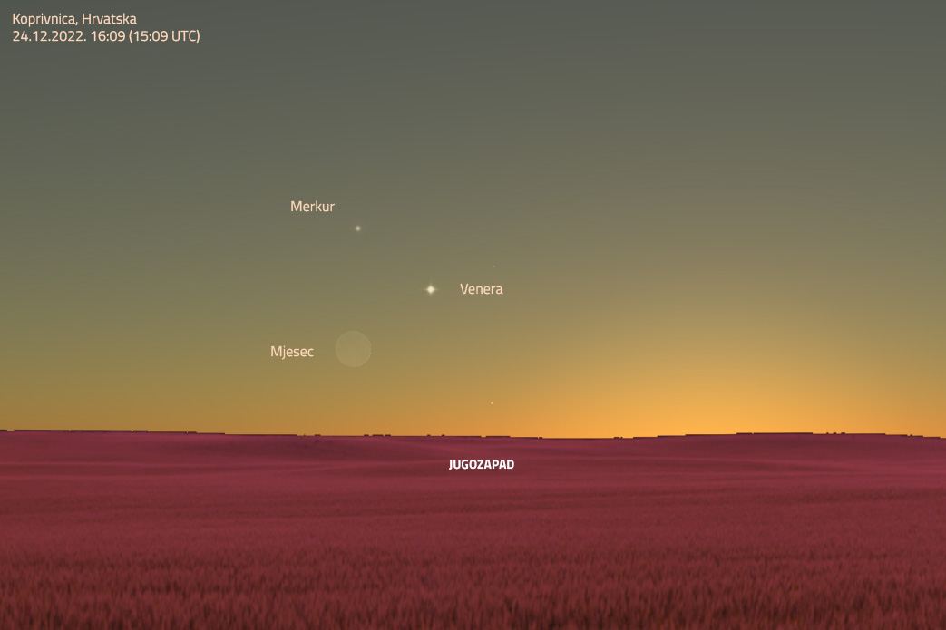 Konjunkcija Merkura, Venere i Mjeseca 24. 12. 2022.