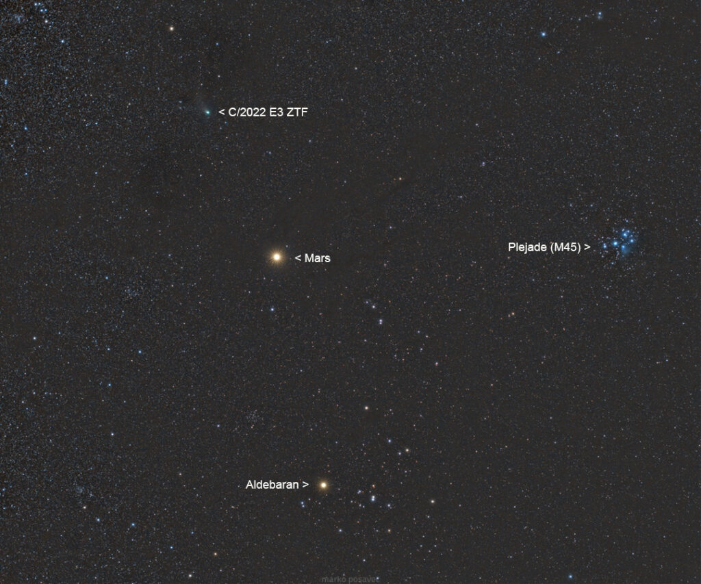 Komet ZTF u društvu Marsa, Aldebarana i Plejada